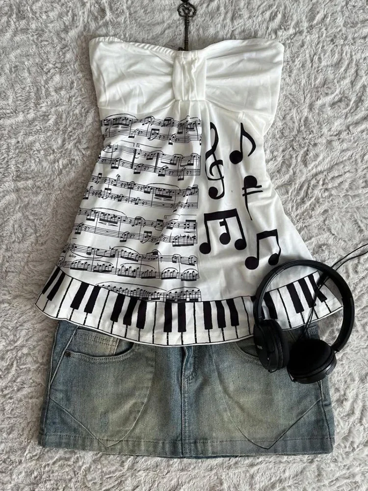 

Summer note piano key strapless top women's music concert Y2K spicy girl style slim fit slimming strapless short vest