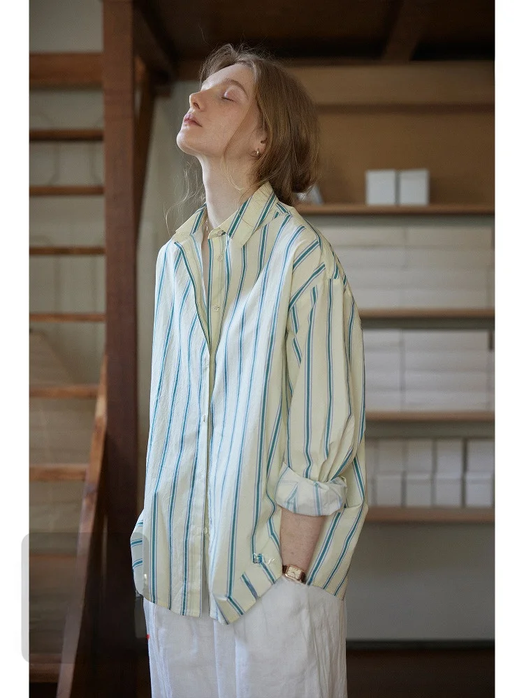 

Nicepeople свободная посадка в полоску Long Sve irt женская верхняя одежда с воротником из физической защиты от солнца дышащий хлопковый повседневный топ