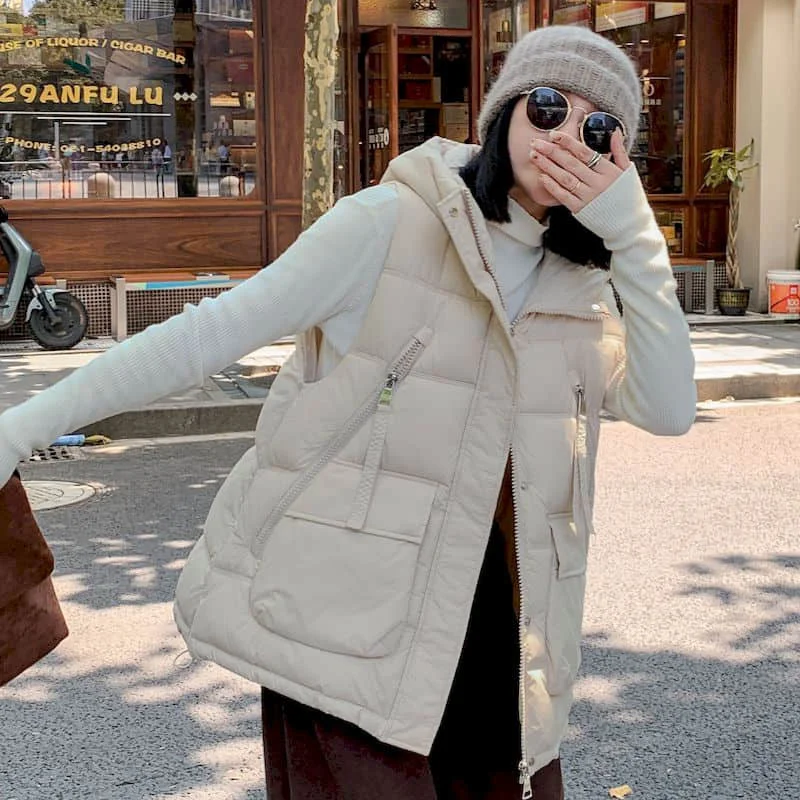 

Waistcoats Lightweight Cotton Added Hooded Vests Casual Sleeveless Cardigans Retro Korean Style Jackets Pocket Design Women Tops