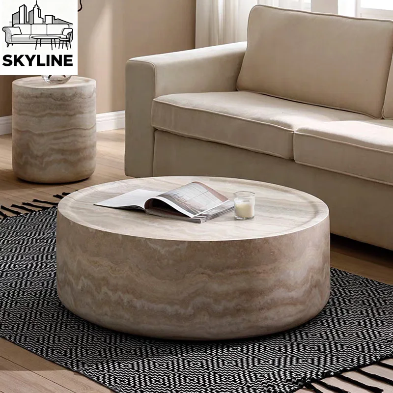 โต๊ะกาแฟทรงกลมขนาด 39.37 นิ้ว โต๊ะลายหินอ่อน โต๊ะข้างกลางทำจากไฟเบอร์กลาสสำหรับห้องนั่งเล่น สำนักงาน โต๊ะกาแฟ
