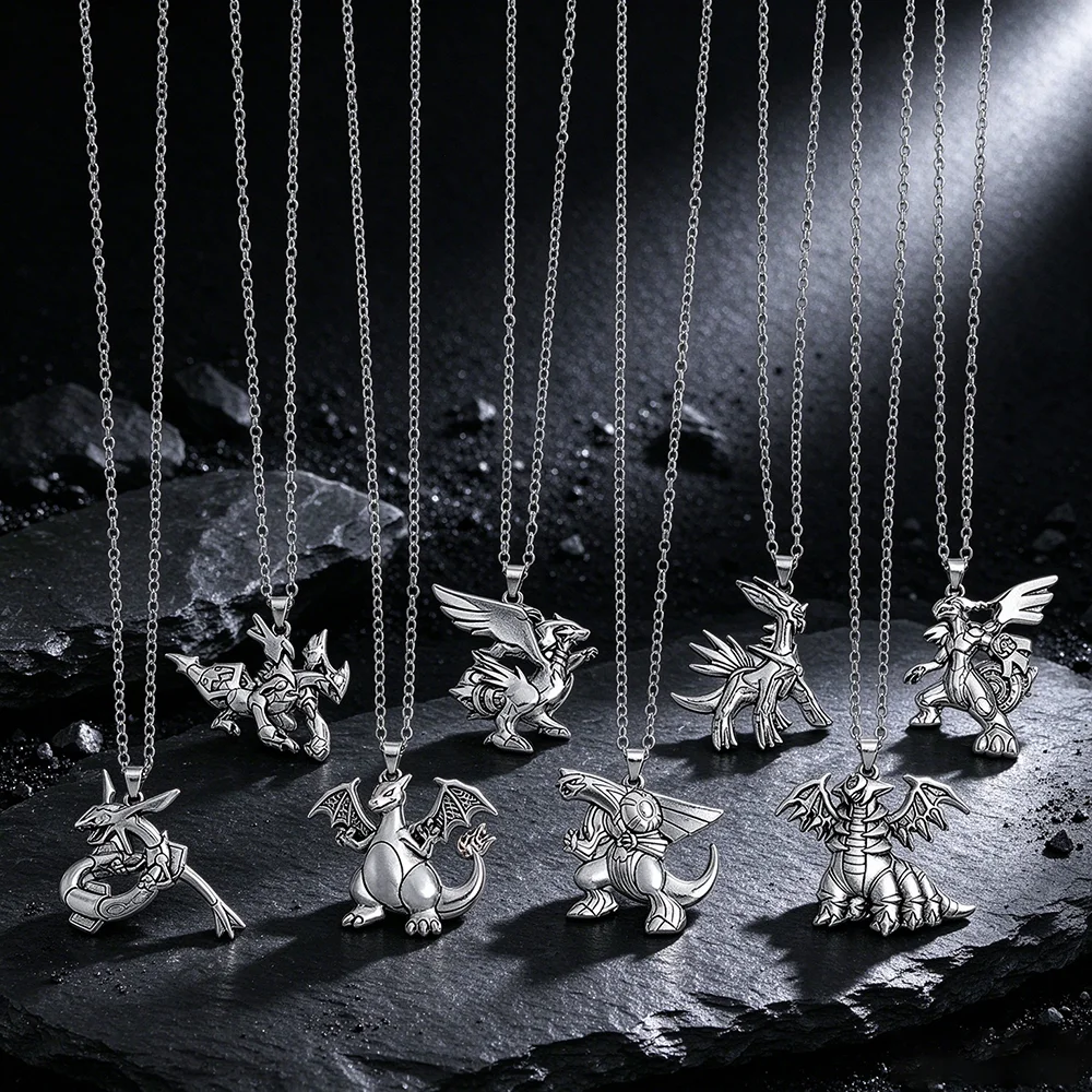 Anime Charizard Palkia Dragon Pendant Necklace Vintage Metal Necklaces, Unisex Punk Cosplay Jewelry Gift for Fans