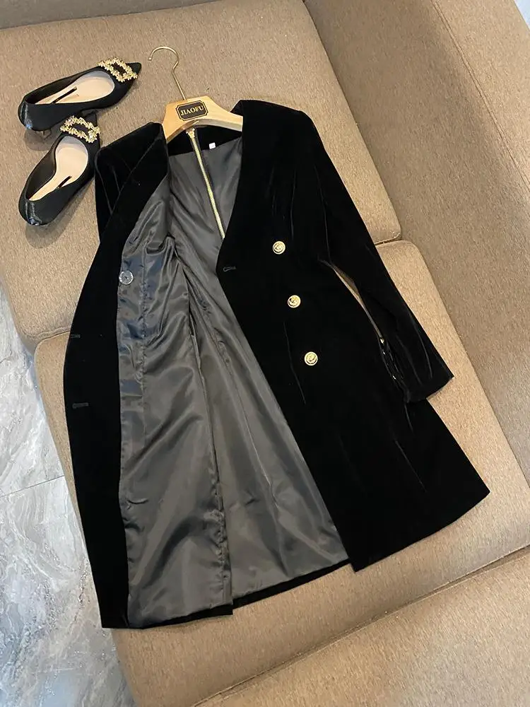 Faionable velours Long Sve Dr manteau v-ne coupe ajustée t-shirt bouton couleur Pure printemps automne hiver femmes Ci trajet