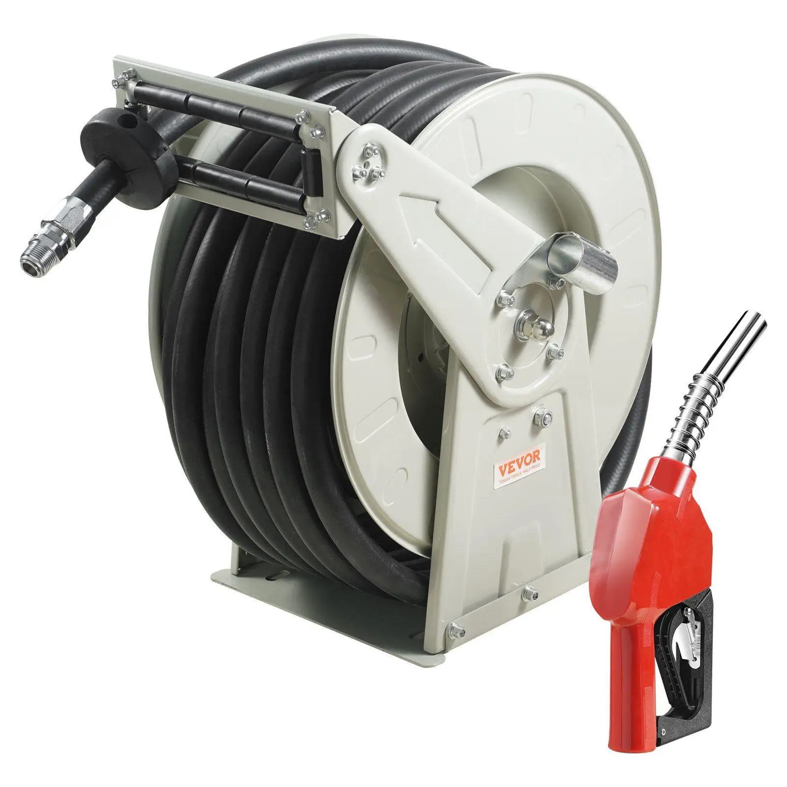 

1inx50ft Retractable Oil Hose Reel 300 PSI NBR Hose with Smart Auto Nozzle Carbon Steel Body Spring Assist Retraction