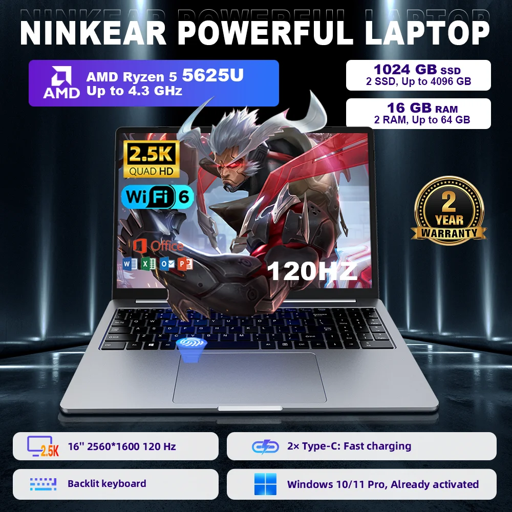 Portátil Ninkear A15 Pro, 16GB, 1TB, AMD Ryzen 5, Pantalla de 16 pulgadas 120Hz 2560*1600, Desbloqueo por Huella Dactilar