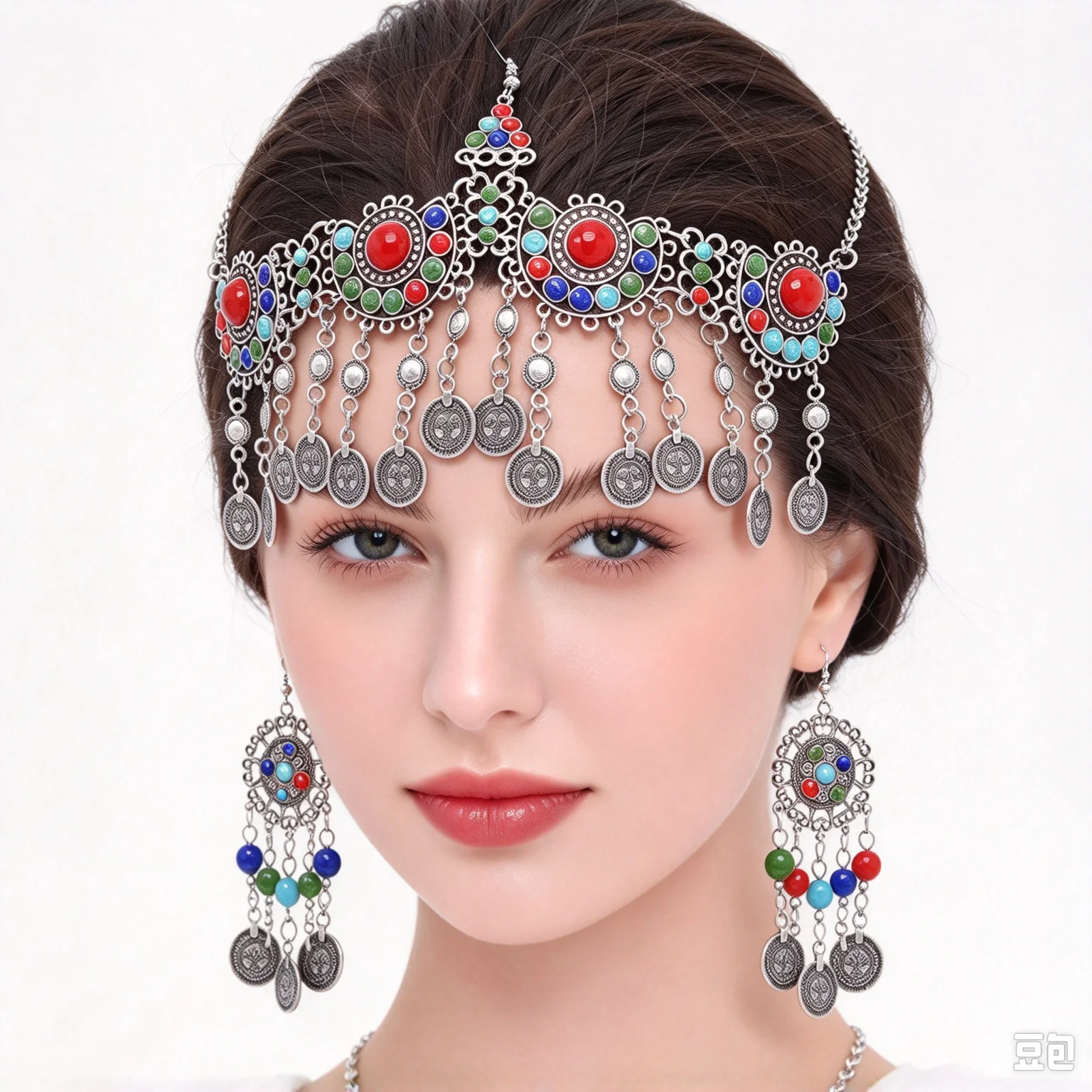 Colorful Beads Coin Tassel Belly Dance Head Chain Costume Gypsy Maang Tikka Costume Hairband Earrings Set