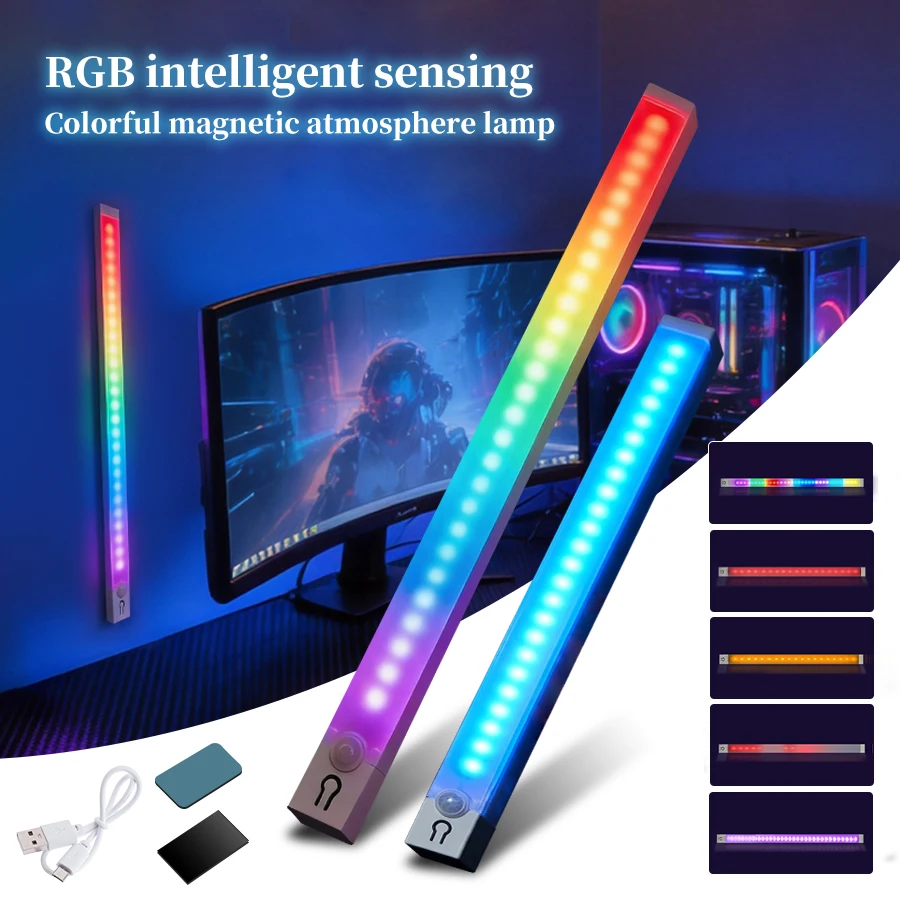 Motion Sensor Light Bar Magnetic Rechargeable RGB LED Cabinet Lamp USB-C Wireless Closet Gaming Atmosphere 5Modes Night Light