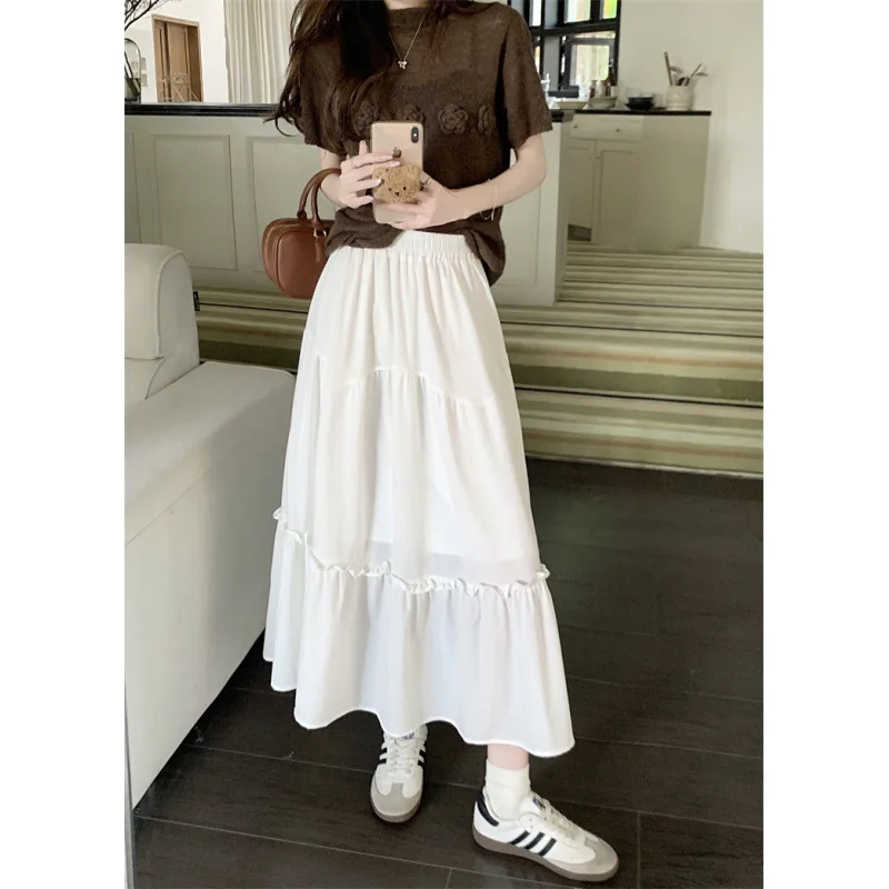 

Skirts for Women Y2k Korean Fashion Women High Waist A-line Long Skirt Casual Solid Color Elastic Waist Summer Beach Skirt