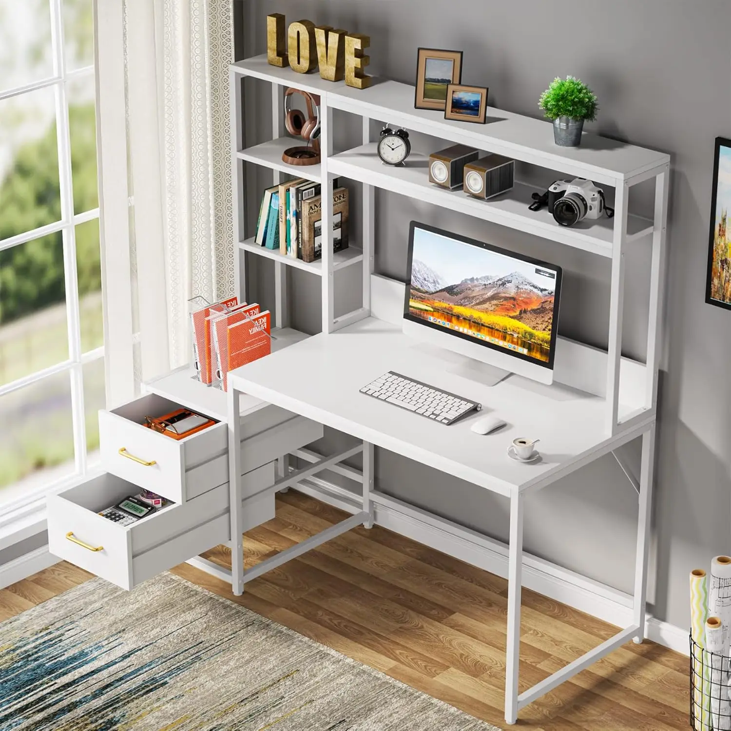 55 Inch Computer Desk with 2 Drawers and Storage Shelves, Rustic Office Desk with Hutch Home Office (White)