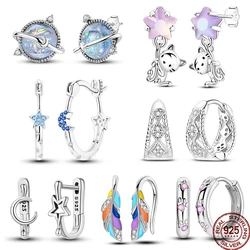 Real 925 Sterling Silver Pave U Shape Zircon Hoop Earrings Feather Cute Cat Paw Stud Earrings For Women Girlfriend Birthday Gift