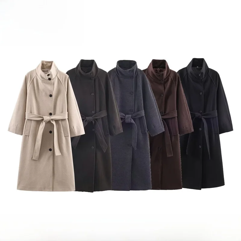 

EVEA New Women's Faion Soft Stand Collar Belted Coat Street Sle Polyester Fiber Long Sve Mid-Length Single Button