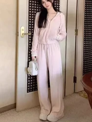 Winter Pink Sweet New Two Piece Set Women Casual Hoodie Coat+looose Sweatpants Female Casual Japan Fashion Solid Tracksuit 2024