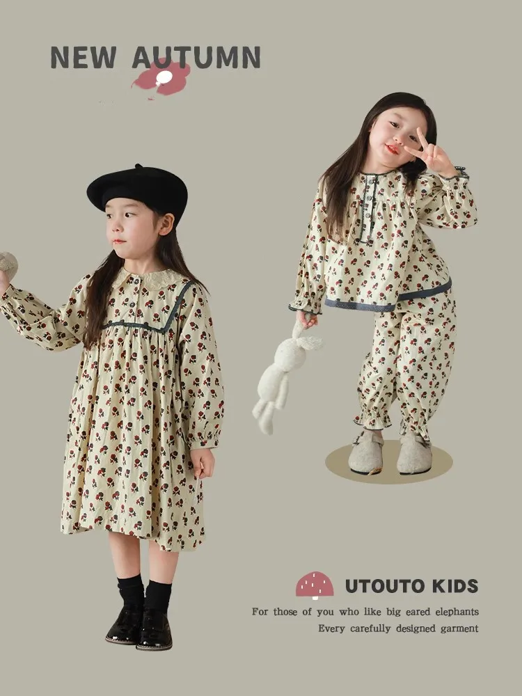 

2024 Girls Long Sleeves Floral Printing Dress Girl Round Neck Top Children Pants Turn-Down Collar Dresses Boutique Clothing