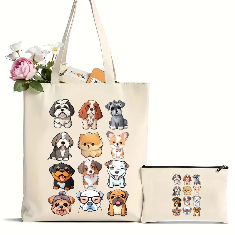 2Pcs Cute Dog Print Shoulder Bag, Kawaii Canvas Tote Bag, Portable Cartoon Anime Handbag Shopping Bag