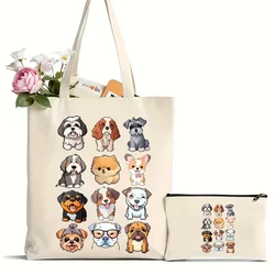 Borsa a tracolla con stampa cane carino 2 pezzi, borsa Tote in tela Kawaii, borsa per la spesa portatile in cartone animato Anime