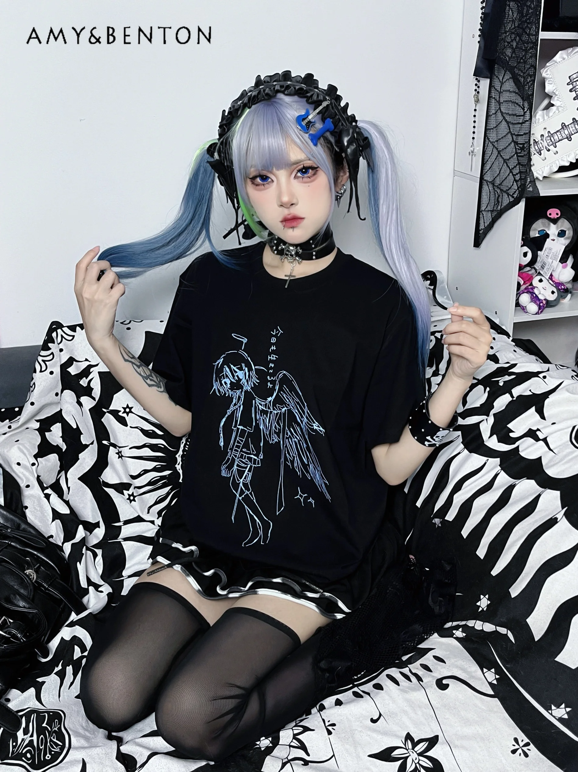 Harajuku Street Anime Print Short-Sleeved Y2K Top Summer New Two-Dimensional Kawaii Japanese Tops Subculture Oversized T Shirt