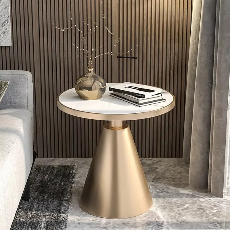 Living Room Sofa Side Table Light Rock Board Iron Round Coffee Table Bedroom Hotel Movable Small Round Coffee Table