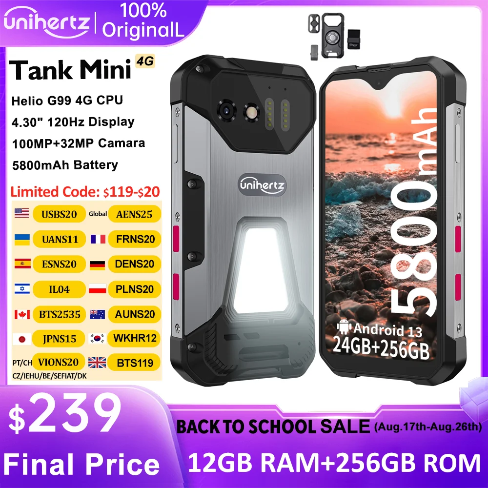 Unihertz 8849 Tank Mini Rugged Smartphone 4.3 Inch Small Cell Phone 24GB+256GB Android 13 5800mAh 100MP Cameras IP68/IP69K Phone
