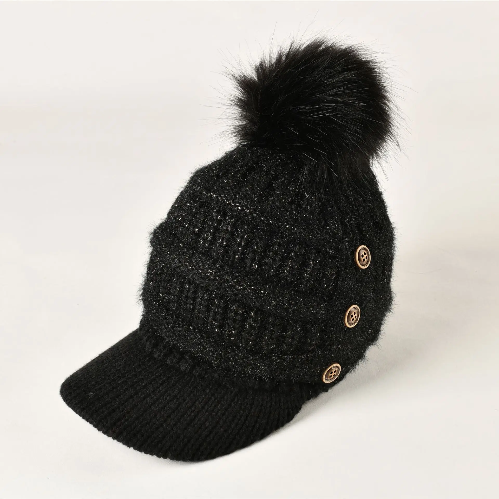 2020 New Winter Fur Pompom Hat for Women Autumn Cotton Knitted Baseball Cap with Pompon Brand Visor Caps Ladies Skullies Beanies