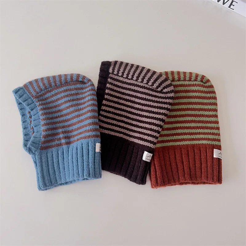 Winter Korean Fashion Children Baby Knit Hooded Scarf Caps Warm Stripe One Piece Hat Kids Accessories