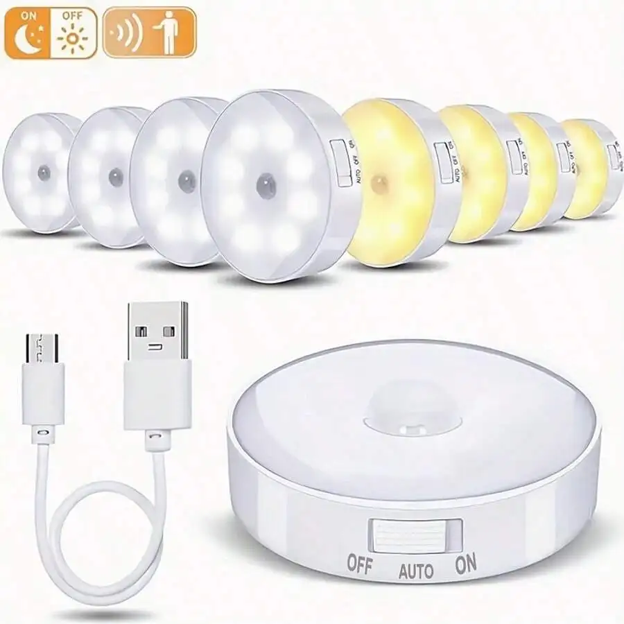 1/3/6pcs USB Rechargeable Motion Sensor Lights, 8 LED Removable Wireless Night Lights, Free To Place Or Hang On The Wall, With Adjustable Color Temperature, Semi-Recessed Yellow Exterior And Garden Ceiling Lights, With Mounting Hardware And Button Control
