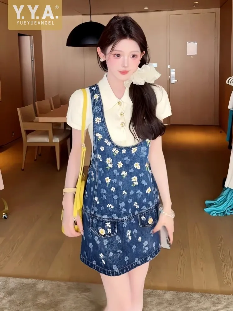 

Sweet Flower Printed Women Denim Straps Dress New Spring Summer Pullover Sleeveless A-Line Short Dress High Street Casual Dress