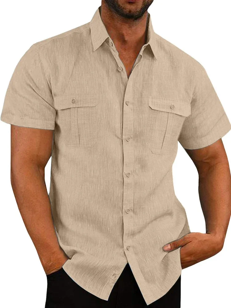 Chemise à Manches Courtes en Coton et Lin pour Homme, Vêtement de Vacances Décontracté, avec Double Poche, Europe et Amérique