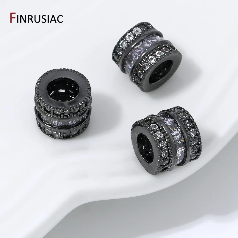 Black Color Brass Barrel Shape Big Hole Beads Micro Pave Zircon Tube Spacer Beads For DIY Jewelry Making Accessories