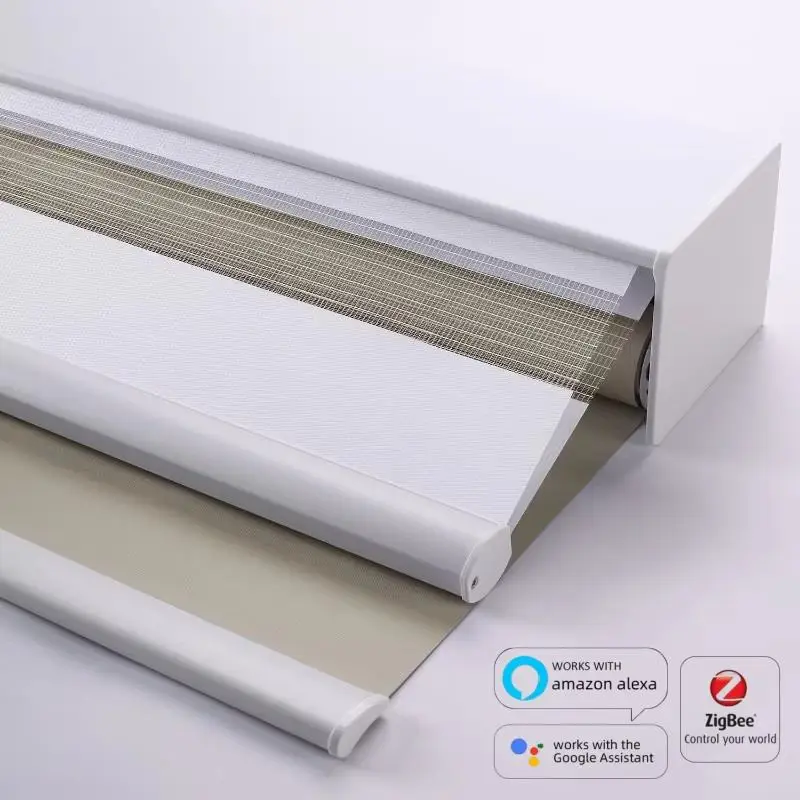 Custom Color Motorized Dual Layer Roller Blinds Waterproof Cordless Noise Reduction Blackout Bathroom Window Shades