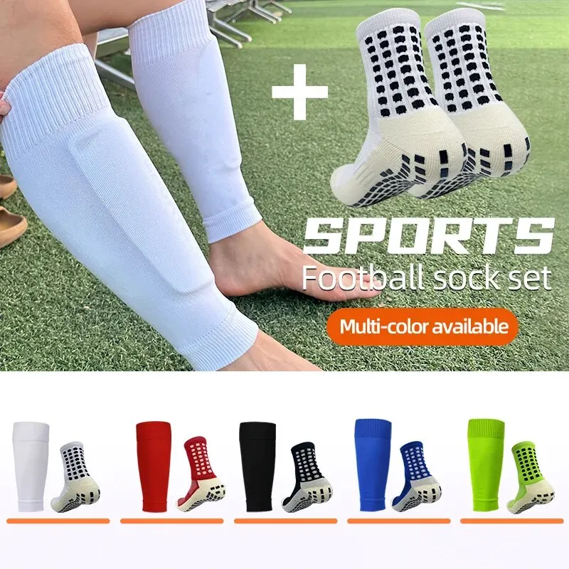 2 Pairs Set Men Grip Soccer Socks and Knee Pads Calf Sleeves Adult Youth Non Slip Leg Shin Guards for Basketball Football Sports