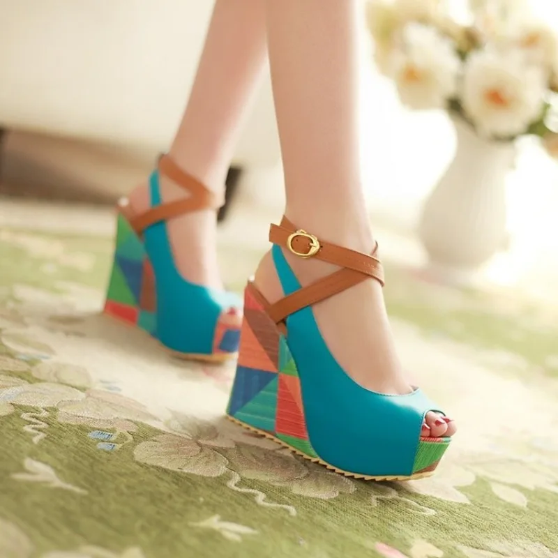 

24 New Women High-heeled Sandals Wedge Mixed Color Casual Peep Toe High Heels Beach Shoes Drees Shoes Ankle Tie Muller Shoes