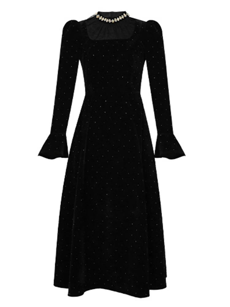 Dames Vintage Elegante Banketjurken Frans Zwart Kant Splice Heldere Steentjes Swing Gewaad Vrouwelijke Feest Prom Vestidos Dame