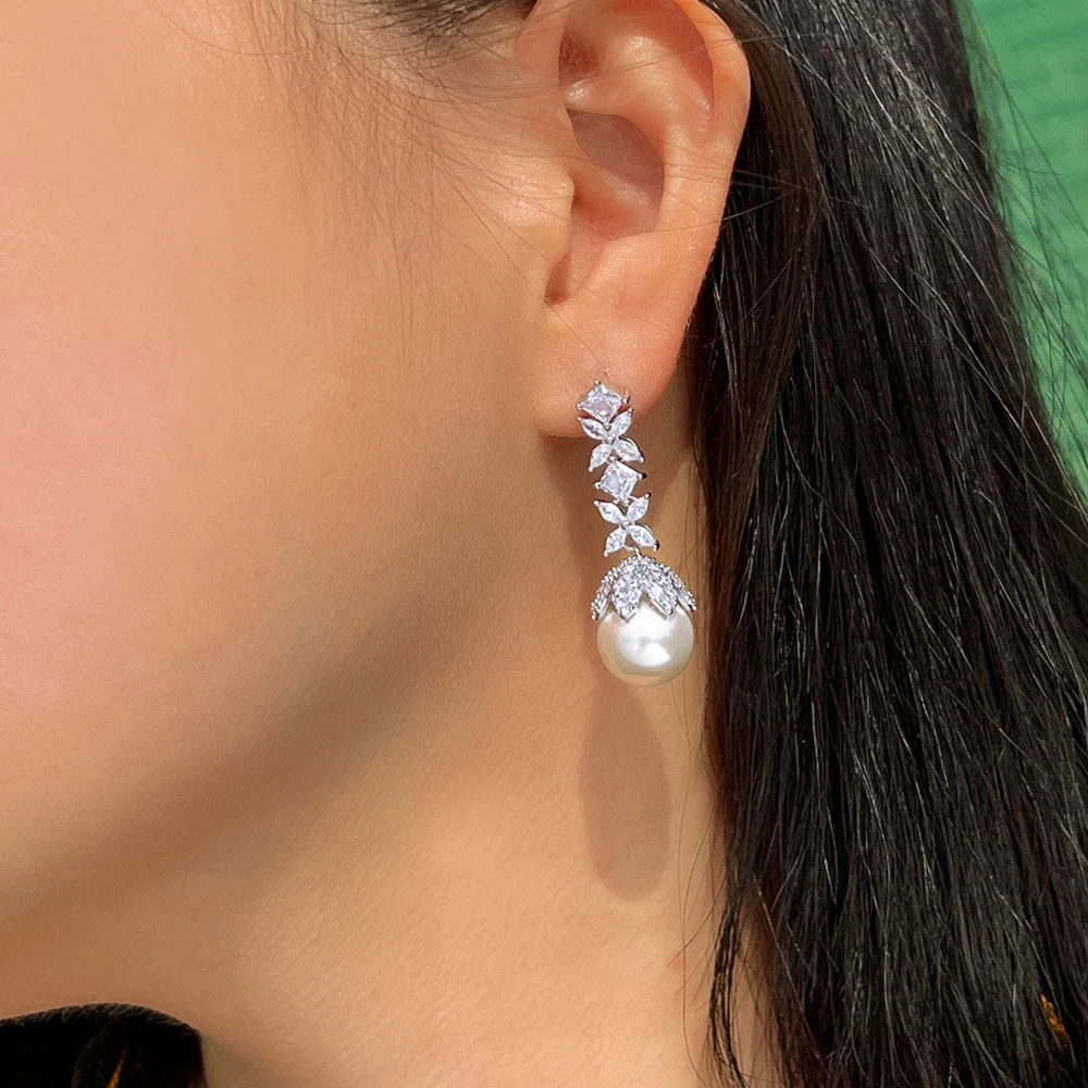 ThreeGraces New Fashion Shiny Zircon Simulated Pearl Long Leaf Flower Drop Earrings for Women Bridal Wedding Party Jewelry E1910