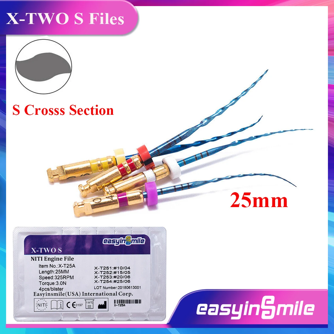 EASYINSMILE 4Pcs Dental Endo Rotary Files X-Two S Cross Section Niti Engine Use Tips 25MM For Root Canal Treat Endodontic Tool