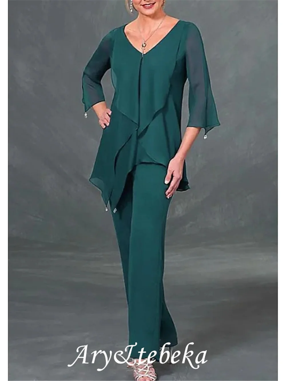 Broekpak/Jumpsuit Moeder Van De Bruid Jurk Elegante V-hals Floor Lengte Chiffon 3/4 Lengte Mouw Met Kralen Ruches