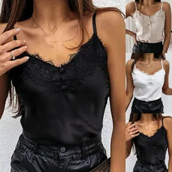 Summer Women Sexy Camisole Lace V Neck Spaghetti Strap Tank Top Ladies Satin Silk Feminino Button Vest Femme Top 2023 Футболка