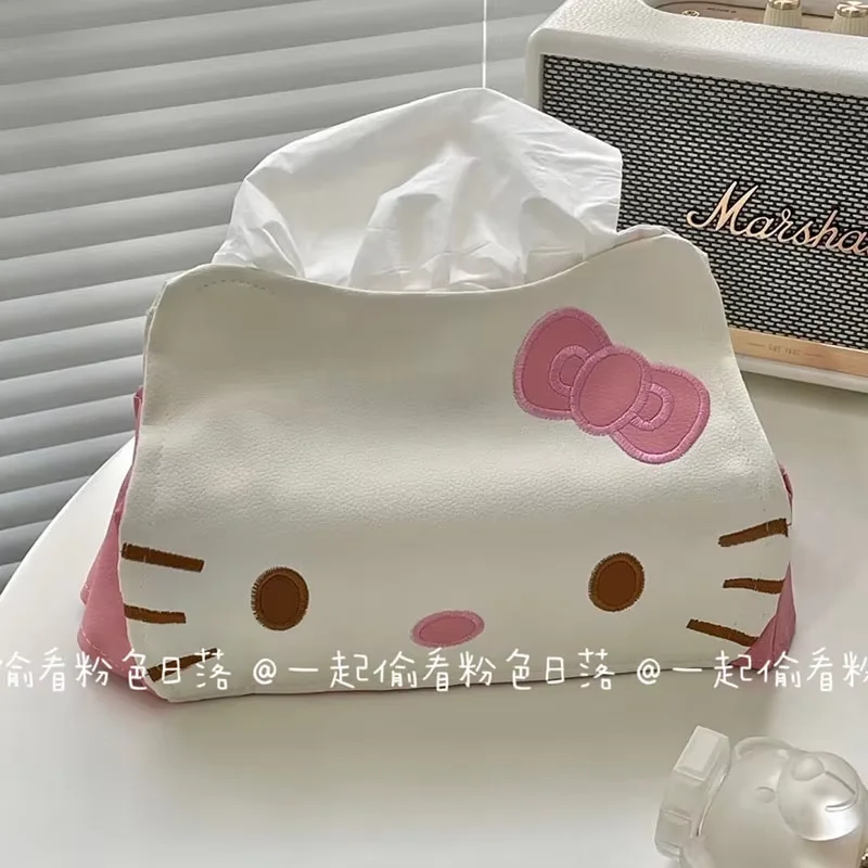 Kawaii Sanrio Hello Kitty Tissue Bags Cartoon Pu Car Tissue Box Living Room Drawing Paper Boxs Desktop Napkin Storage Bag Gifts