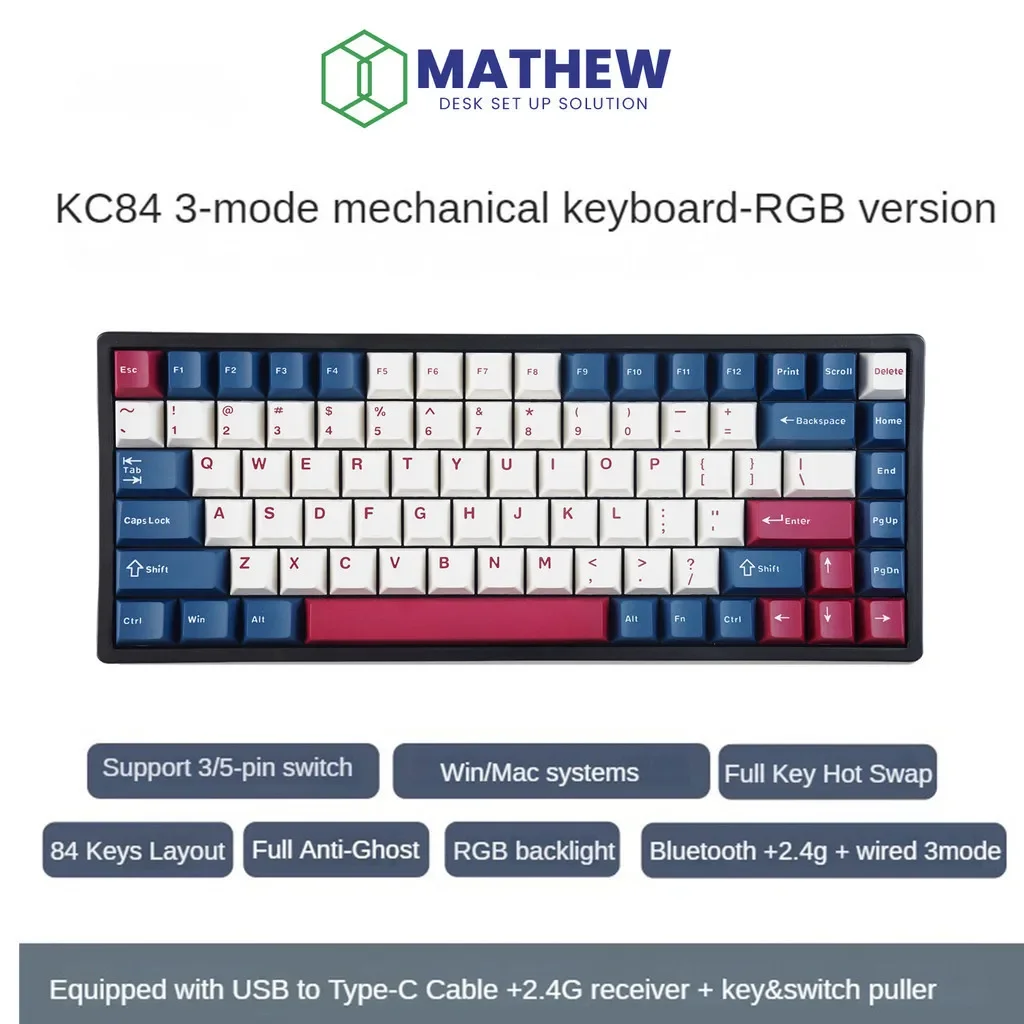 Imagem -02 - Mathew Kc84 Teclado Mecânico sem Fio Modo 84 Teclas 75 Quente Swappable Rgb Retroiluminado 3000mah Teclado Mecânico para Win Mac