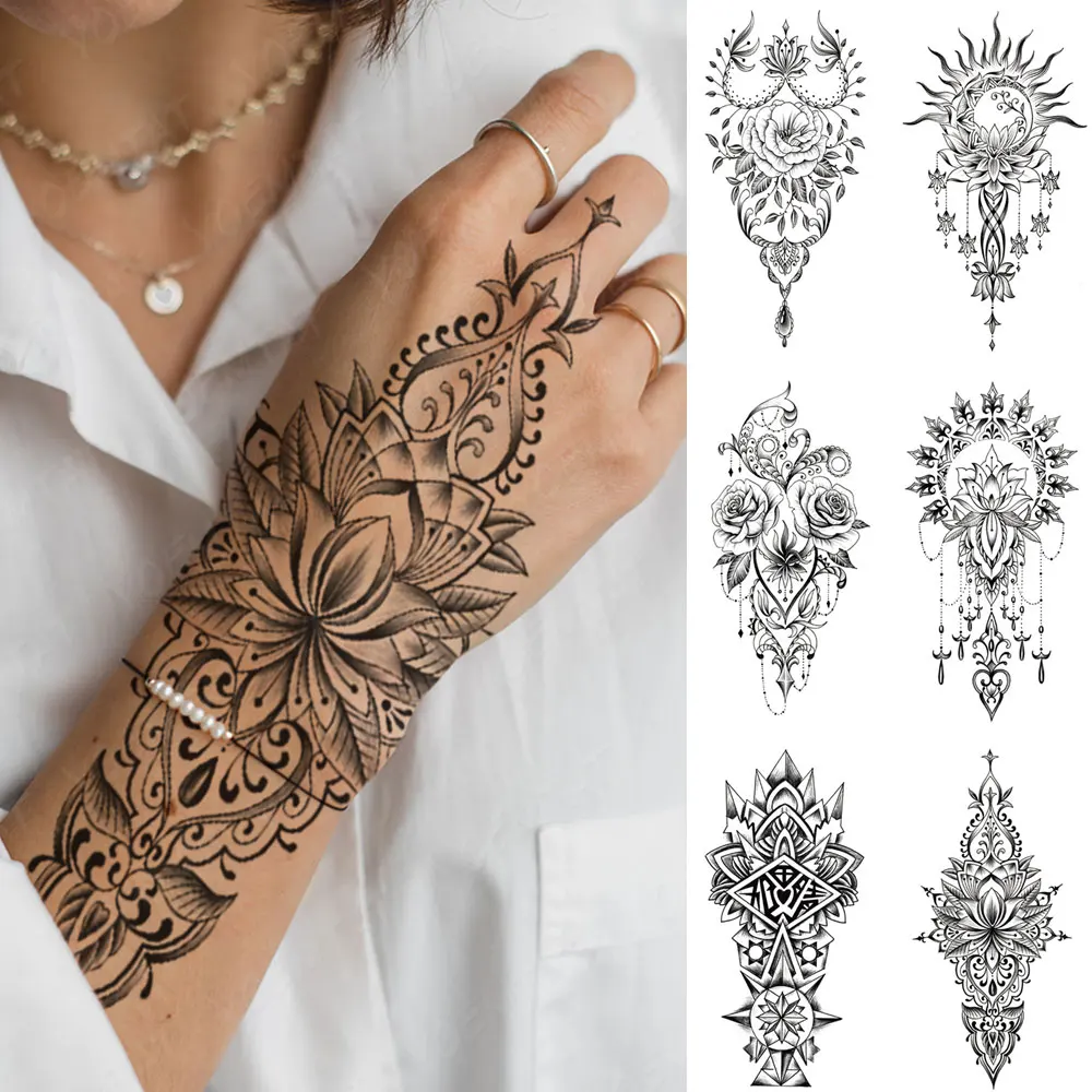 

6pcs Waterproof Temporary Tattoo Sticker Hand Lace Henna Mandala Rose Flower Pendant Body Art Arm Fake Tattoos Sleeve Women Men