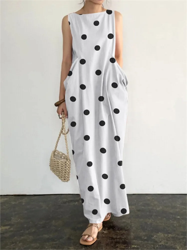 

Summer Fashion Polka Dot Print Loose Maxi Dresses Woman Casual O Neck Sleeveless Pockets Long Dress Women Beach Vestido Robes