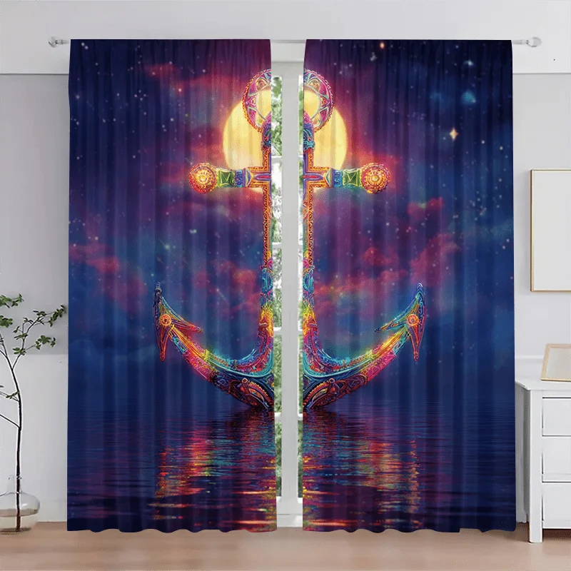 2pcs Sailing Tool Anchor HD Digital Printing, Light Filter Polyester Curtains with Rod Pocket Design, Suitable for Bedroom, Livi