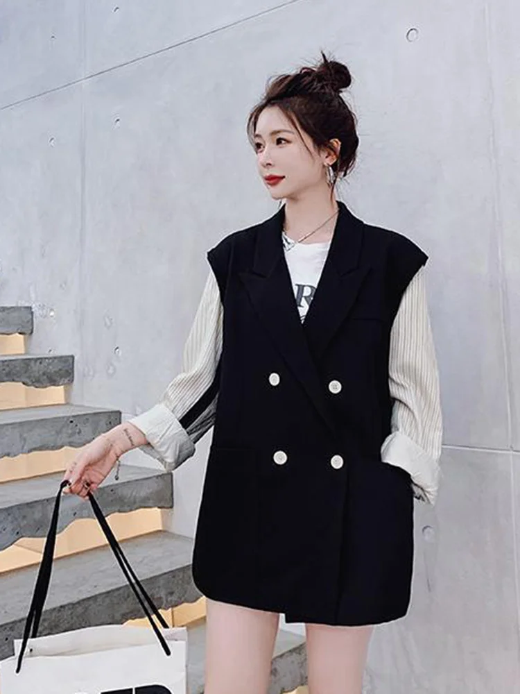 LANMREM Patchwork Color Block Blazer For Women Double Breasted Lapel Long Sleeve Loose Coat Female Fashion 2024 Autumn 2N747