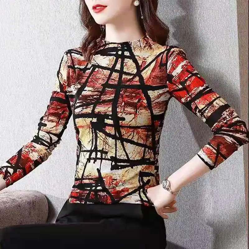 Autumn and Winter Women\'s Pullover Round Neck Patchwork Printing Slim Underlay Fashion Casual Elegant Commuter Long Sleeve Tops