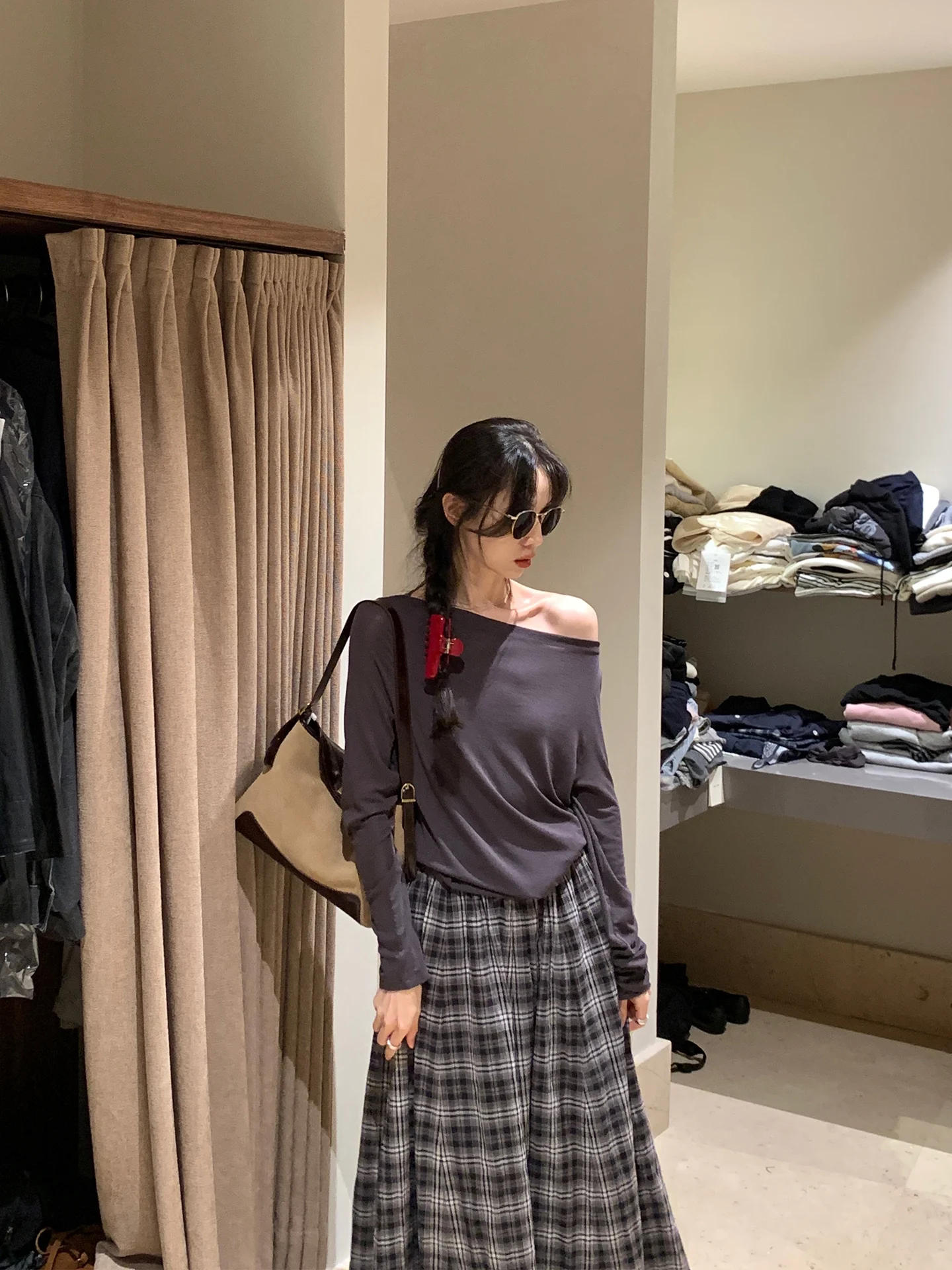 

Loose Casual Women's Long Sve T-irt oulder Bared Thin Sle Korean Faion Autumn New Arrival for Young Girls