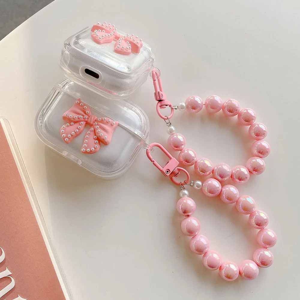 Корейский симпатичный Жемчужный Розовый лазерный браслет с бантом прозрачная фотография для Apple Airpods 1 2 Pro 3 Беспроводная зарядная коробка для наушников мягкий чехол