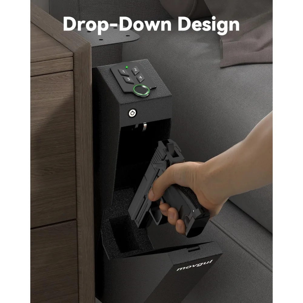 Gun Safe, Biometric Drop Down Bedside Gun Safe Quick Access Handgun Safe Mount Pistol Safe for Desk, Car, Nightstand