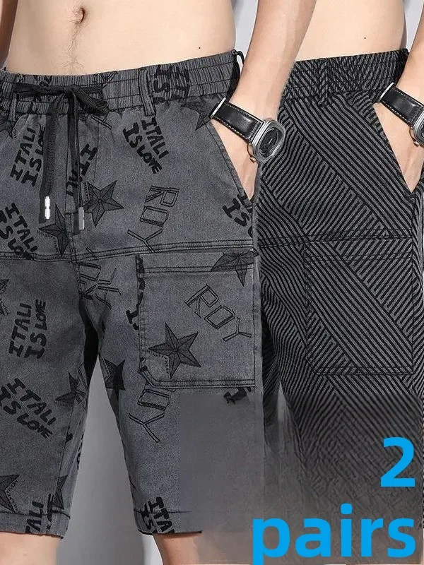 

Летние тонкие мужские джинсовые брюки пять четвертей с высокой эластичностью и цветочной вышивкой, повседневные свободные камуфляжные брюки средней длины