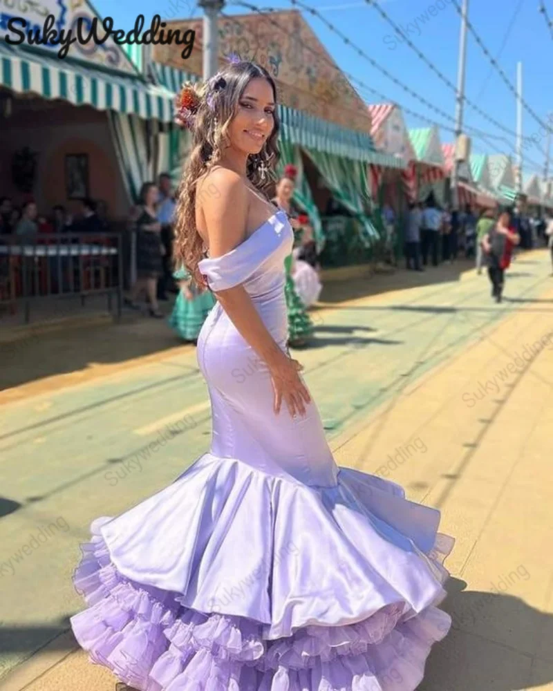 Vestidos de baile de sirena Flamenco púrpura lila para mujer, estilo Flamenco español, malla sin hombros, vestidos de fiesta de bailarina de noche