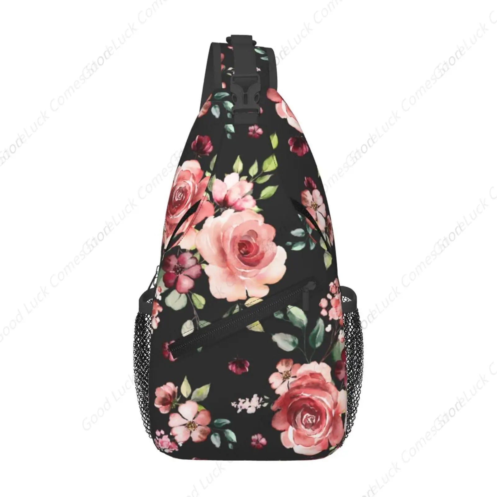 

Floral Pattern Crossbody Sling Bag for Women Men Watercolor Blossom Rose with Green Leaves Travel Sling Backpack Casual Shoulder