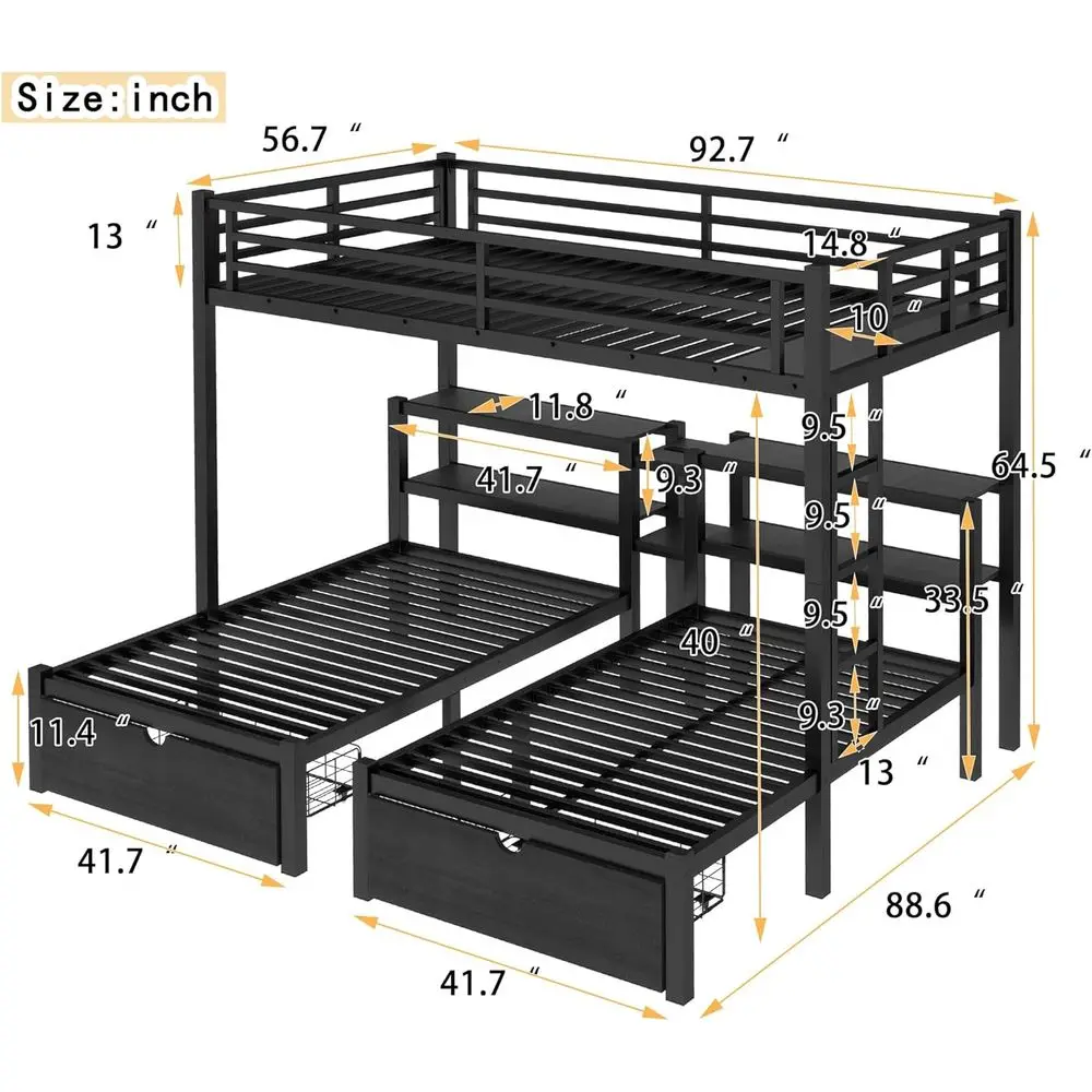 Metal XL Over Twin & Twin Triple Bunk Bed with Desks, Bed with Shelving & USB, Multi-functional Metal Bed for Kids Teens