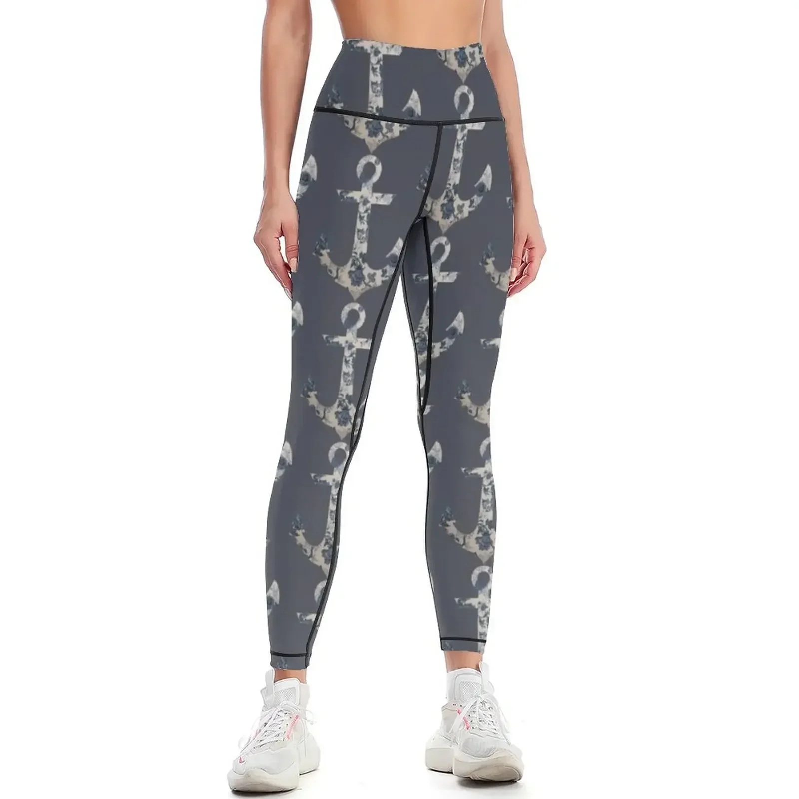 

Blue Floral Anchor Leggings sports shirts gym Sweatpants Women's fitness sports for gym Womens Leggings
